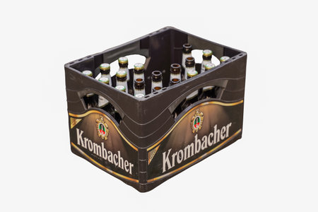 Berlin, Germany - 08.23.2022: Crate with beer bottles Krombacher isolated on white backgroundのeditorial素材