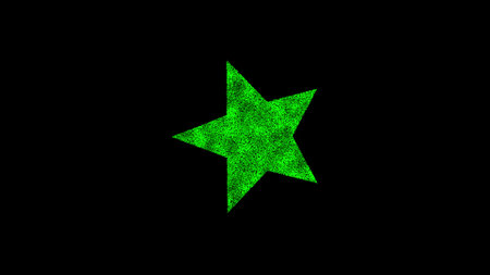 3D star on black bg. Object dissolved green flickering particles. Business advertising backdrop. science concept. For title, text, presentation. 3D animation.の写真素材
