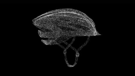 3D bicycle helmet on black bg. Object dissolved white flickering particles. Business advertising backdrop. science concept. For title, text, presentation. 3D animation.の写真素材