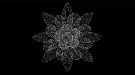 3D lotus flower on black bg. Object dissolved white flickering particles. Business advertising backdrop. science concept. For title, text, presentation. 3D animation.の写真素材