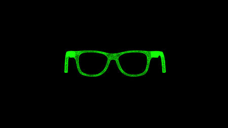 3D spectacles sunglasses on black bg. Object dissolved green flickering particles. Business advertising backdrop. science concept. For title, text, presentation. 3D animation.の写真素材