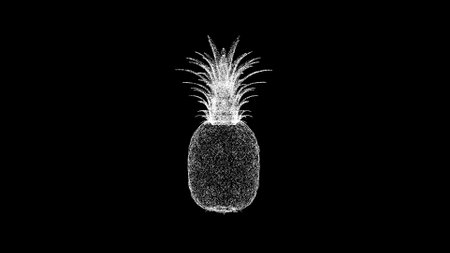 3D pineapple on black bg. Object dissolved white flickering particles. Business advertising backdrop. science concept. For title, text, presentation. 3D animation.の写真素材