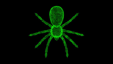 3D spider on black bg. Object dissolved green flickering particles. Business advertising backdrop....