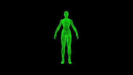 3D female figure on black bg. Object dissolved green flickering particles. Business advertising backdrop. science concept. For title, text, presentation. 3D animation.の写真素材