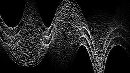 A stream of wavy intersecting lines on a black background. Lines and grids. Futuristic dots background with a dynamic wave. big data. 3D rendering.の写真素材