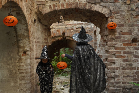 Two brothers of a wizard in the ruins of an old castleの写真素材
