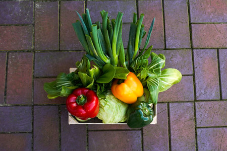 Wooden container with fresh vegetables. organic food. top view