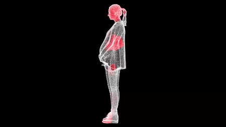 Spread of virus through volumetric body of pregnant person monochrome on black bg. Visual...