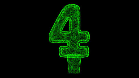 3D number 4 digit on black background. Object made of shimmering particles. Digital Anniversary Holiday concept. For title, text, presentation. 3d animationの写真素材