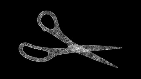3D scissors on black background. Object made of shimmering particles. For title, text, presentation....