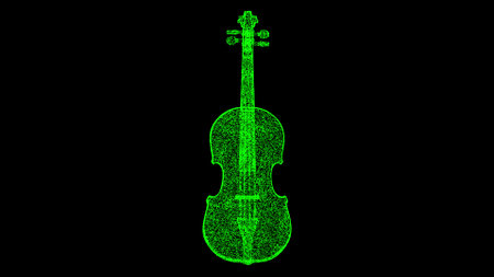 3D violin on black background. Object made of shimmering particles. Music instrument concept. For title, text, presentation. 3d animationの写真素材