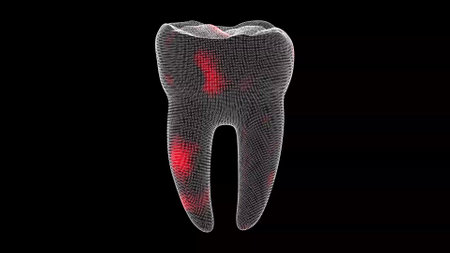 3D teeth. Toothache Scanning Interface. HUD Tooth analyze. medical anatomy concept. Digital tooth anatomy model. Oral health care concept. For title, text, presentation. 3d animationの写真素材