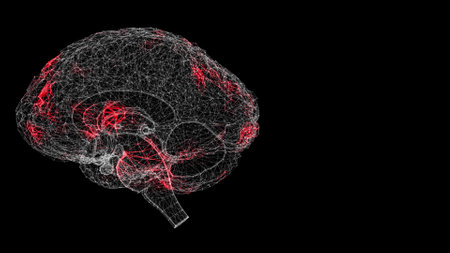 Spread of virus through 3D human brain on black background. Visual demonstration of virus in the...