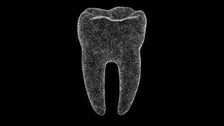 3D tooth on black bg. Object dissolved flickering particles. scientific medical concept. For title, text, presentation. 3d animationの写真素材
