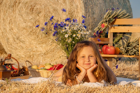 Cute girl lying in the field with her head propped up in her hands, around fruits and flowers, a...