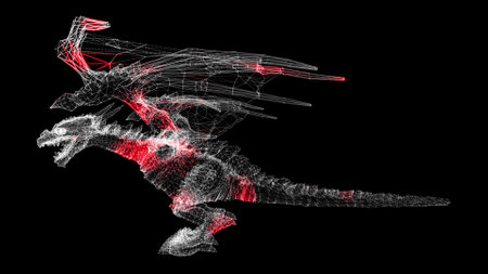 3D dragon on black background. Object made of shimmering particles. A fabulous fantasy concept. For title, text, presentation. 3d animationの写真素材