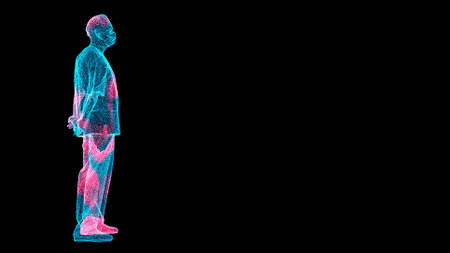 3D figure of a surgeon Scan on black bg. Surgeon with hands folded behind. HUD surgeon analyze. scientific medical concept. For title, text, presentation. 3d animationの写真素材