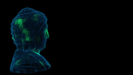 3D Buddha on black bg. religious divine concept. Peace and mindfulness symbol. Buddhism and meditation. For title, text, presentation. Shimmering particles. 3d animationの写真素材
