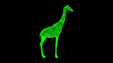 3D giraffe on black background. Object made of shimmering particles. wild animal concept. protection of the environment. For title, text, presentation. 3d animationの写真素材