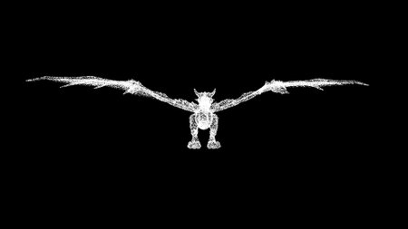 3D dragon on black background. Object made of shimmering particles. A fabulous fantasy concept. For title, text, presentation. 3d animationの写真素材