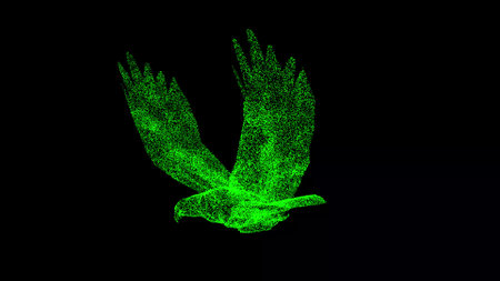 3D falcon on black background. Object made of shimmering particles. wild animal concept. protection of the environment. For title, text, presentation. 3d animationの写真素材