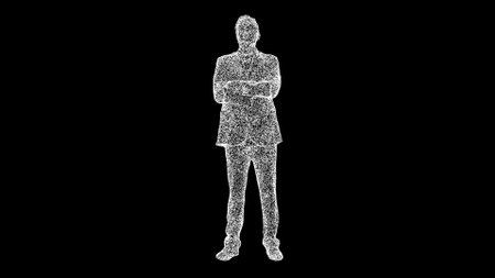 3D figure of a businessman with crossed arms on black background. The man shake hands. A business man reflects. business concept. For title, text, presentation. 3d animationの写真素材
