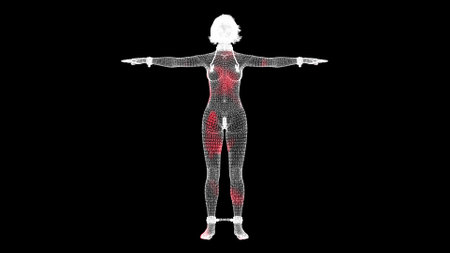 The spread of pain through the girl's body. 3D Sexy lady in BDSM outfit on black bg. BDSM accessory, Nipple clasp, metal chain. bdsm concept. For title, text, presentation. 3D animationの写真素材