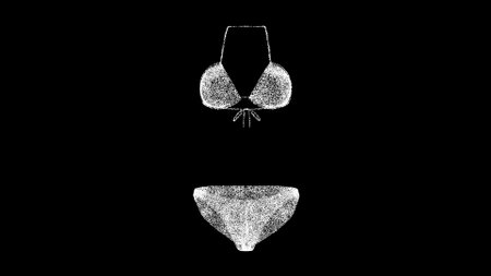 3D bikini swimsuit on black bg. 3D Fashion Show. A trendy fashionable underwear. For title, text, presentation. Object made of shimmering particles. 3D animationの写真素材