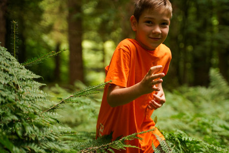 A cheerful boy sneaks through a dense forest. Hide and seek in the forest. Have a fun vacation. outdoor activitiesの写真素材
