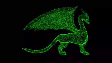 3D Fairytale Dragon on black background. Traditional Oriental Dragon. A fabulous fantasy concept. For title, text, presentation. Shimmering particles. 3d animationの写真素材