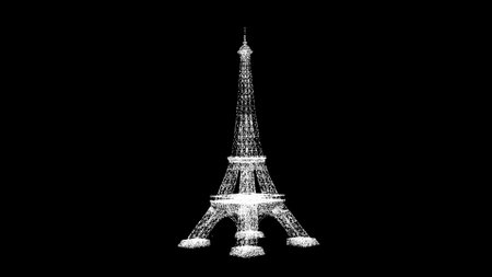 3D Eiffel Tower on black bg. Business advertising backdrop. For title, text, presentation. 3d animationの写真素材