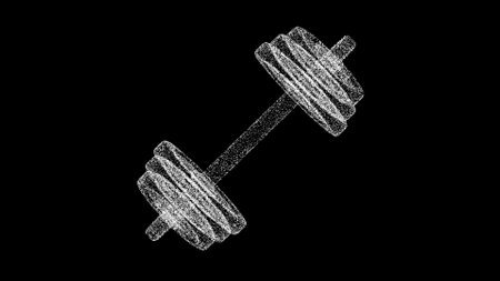 3D Dumbbell on black bg. Sports fitness concept. Business advertising backdrop. For title, text, presentation. 3d animationの写真素材