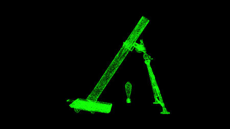 3D mortar launcher on black background. war concept. weapons and bombs. Business advertising backdrop. For title, text, presentation. 3d animationの写真素材