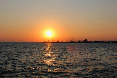 Romantic sunset in the harbor of Thessaloniki Greeceの写真素材
