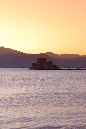 Bourtzi the water castle in the middle of Nafplio harbour in Greece