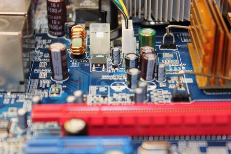 Closeup of electronic circuit board or PCB printed circuit board