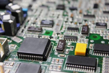 Closeup of electronic circuit board or PCB printed circuit board