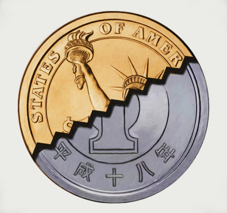 Photo Manipulation Art. US Dollar and Japanese Yen coin.の写真素材