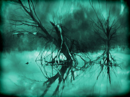 Digital illustration art. Mysterious, Dark and abandoned lake.の写真素材
