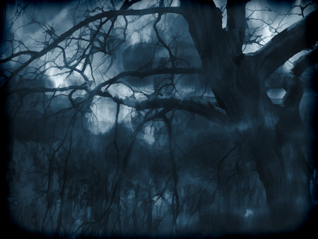 Digital illustration art. Mysterious, Dark and abandoned lake.