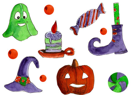 a set of funny cliparts on the theme of Halloween painted in watercolorの写真素材