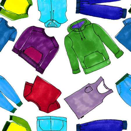 seamless pattern drawn with markers casual multi-colored clothingの写真素材