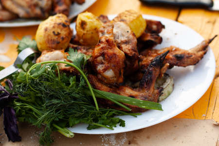 chicken kebab with potatoes and herbs on a plateの写真素材