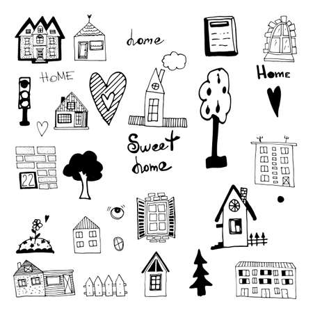 a set of funny vector doodles houses trees traffic lights windowsのイラスト素材