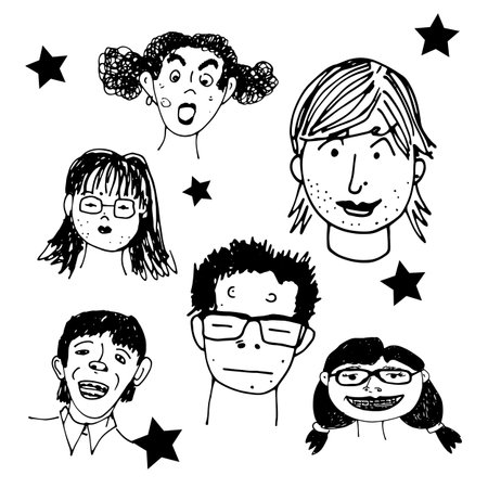 vector doodles black and white faces young peopleのイラスト素材