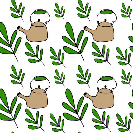 vector pattern doodle ceramic teapot and twigのイラスト素材