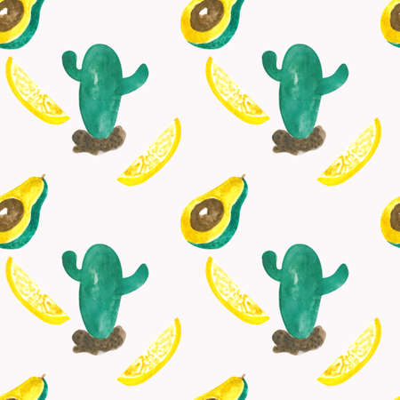 watercolor cute pattern cacti lemons and avocados