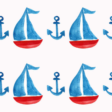 Pattern for children boat and anchor Watercolor.の写真素材