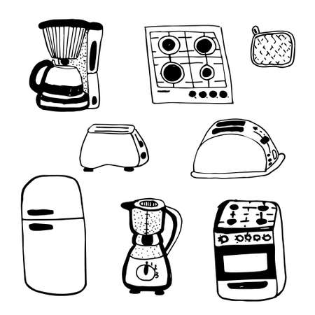 Vector set of hand drawn doodles of kitchen items.のイラスト素材