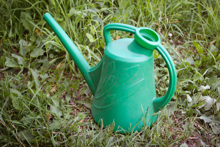 plastic green watering can stands on the grass.の写真素材